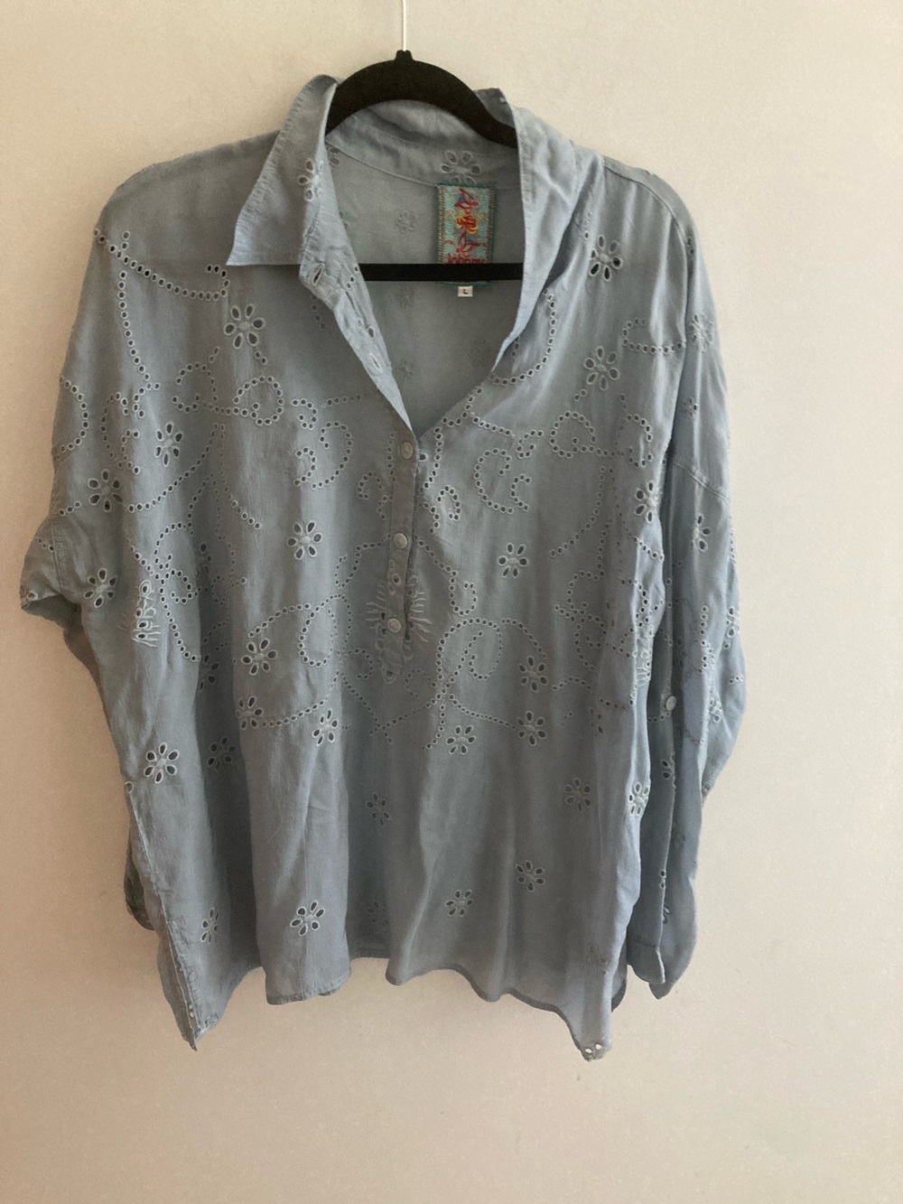 Johnny Was Pale Blue Green Eyelet Cotton Tunic Blouse 100% Cupra Rayon